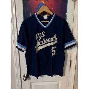 US Nationals 70s Baseball Jersey Navy Blue White Number 5 V-Neck  Men's L
